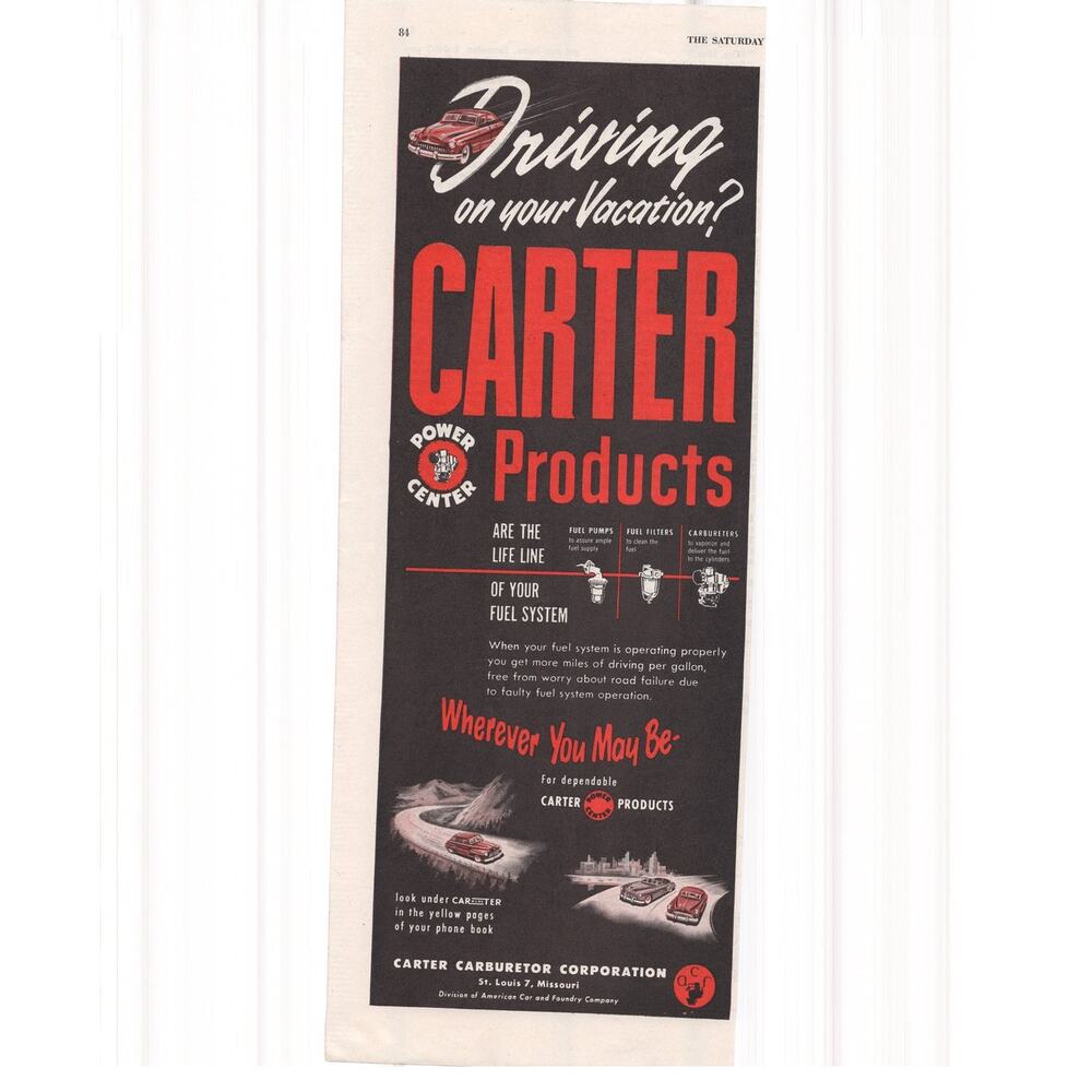 Carter Products Car Parts Advertisement Vintage 1950 Vacation Fuel Automobile